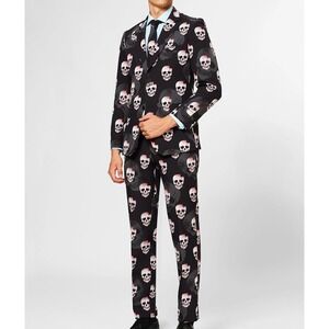 OppoSuits Mens Black Skull Print 3-Piece Suit Set Jacket Pants Tie Halloween OS